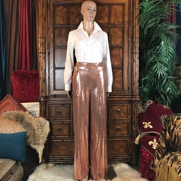 Culpos x INC Nude Pink Stretch Sequin High Waist Wide Leg Pant - Picture 4 of 9